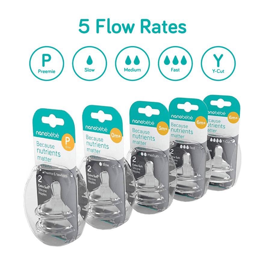 Nanobébé US Baby Bottle Nipples, 5 Flow Rates, 2-Pack