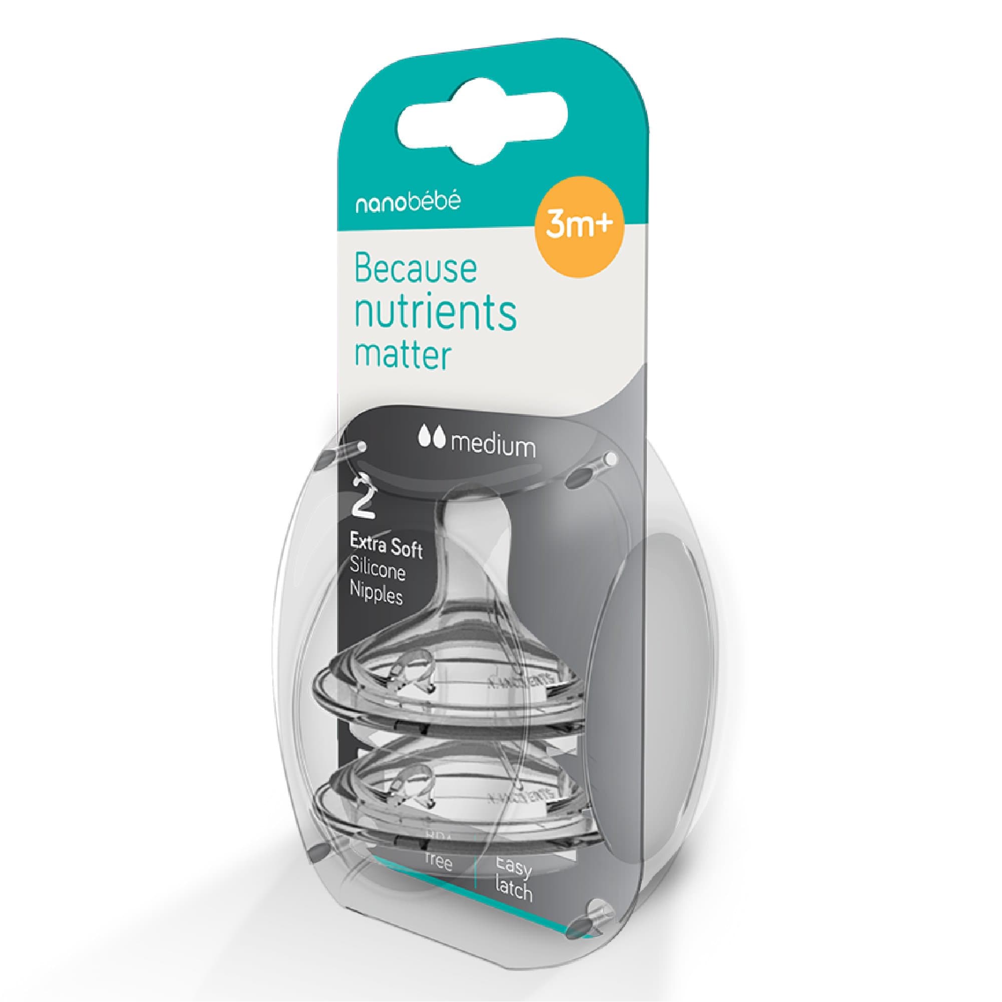 Nanobébé US Medium Flow Baby Bottle Nipples, 5 Flow Rates, 2-Pack